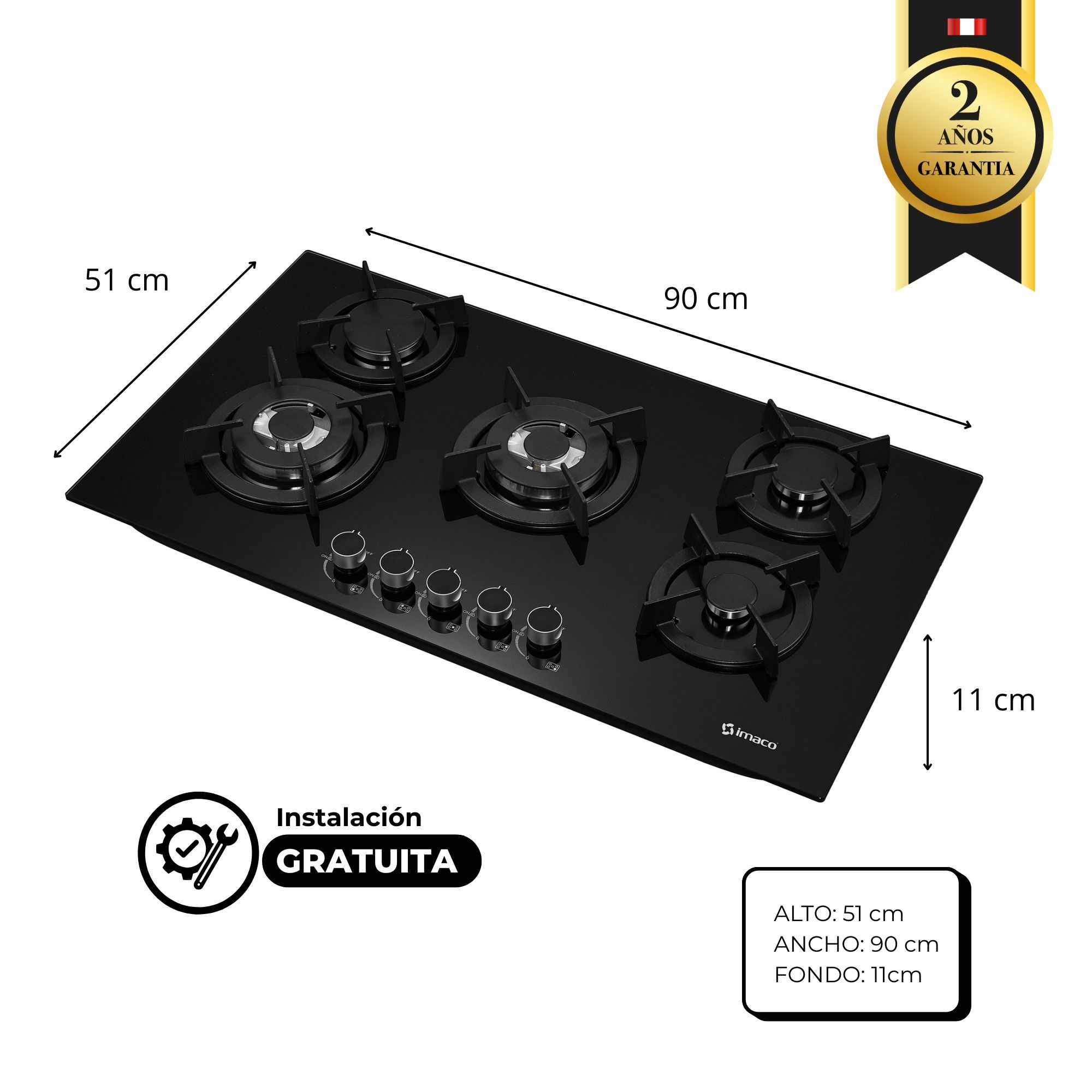 Cocina empotrable Gas X5 Quemadores IENC90 Imaco